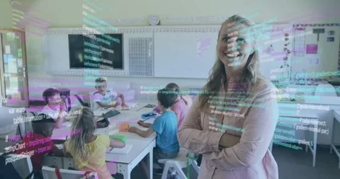 After start, teacher leading students, code overlay appearing left drifting over Stock Footage 331198090