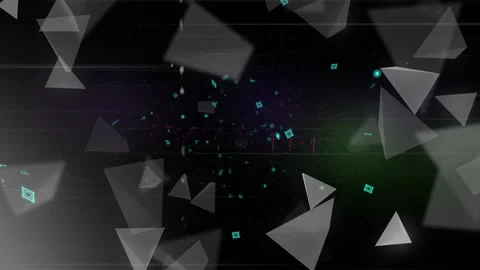 After startup, triangular shards and teal particles accelerating outward in Stock Footage 311475304