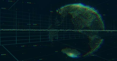 After static grid, data points clustering into globe rotating as waveform 스톡 동영상 317369302