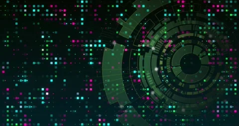 After static teal pixel grid holding, radial interface emerging and spinning, Stock Footage 317741496
