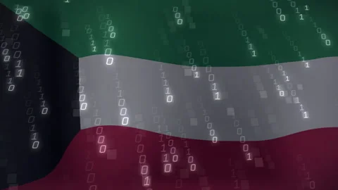 After stillness, Kuwaiti flag starting waving while binary digits cascading for Stock Footage 313308227