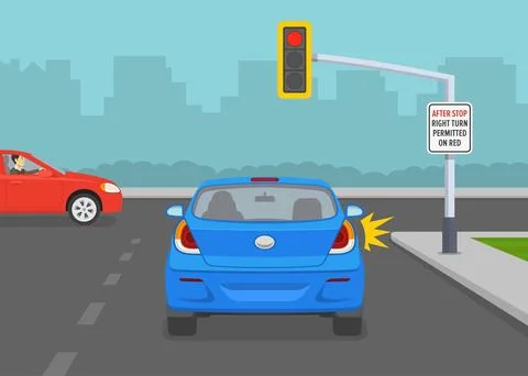After stop right turn permitted on red. Give way rules at traffic lights. Stock Illustration