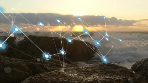 After sun lowering, waves crashing while node network emerging and pulsing, Stock Footage 334242313