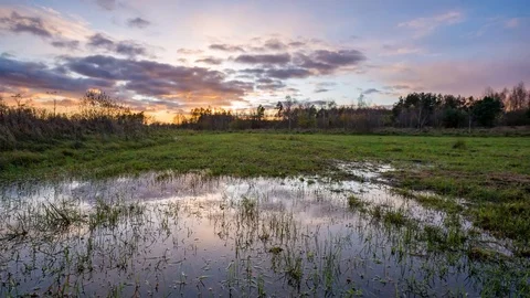 After sunset time-lapse with meadow and puddle under beautiful sky Stock Footage 82186846