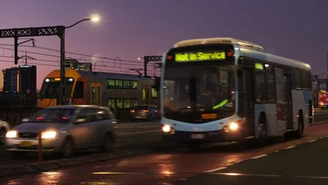 After sunset train and traffic near Sydney harbour bridge 4K Stock Footage 158534818