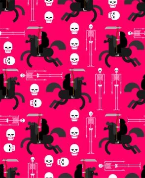 Afterlife pattern seamless. Grim Reaper and skeleton background. vector textu Stock Illustration