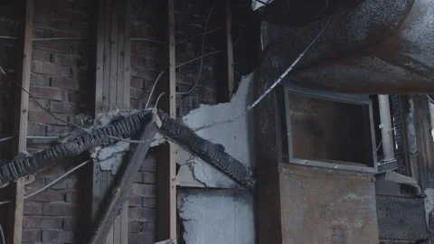 Aftermath of a building that was destroyed in a fire Stock Footage 148183081