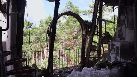 The Aftermath of Destruction A Heartbreaking Scene of a War-Torn Room Stock Footage 263253369