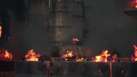 Aftermath of the explosion. Plant in flames. Saving the oil depot. Video stock 302784095
