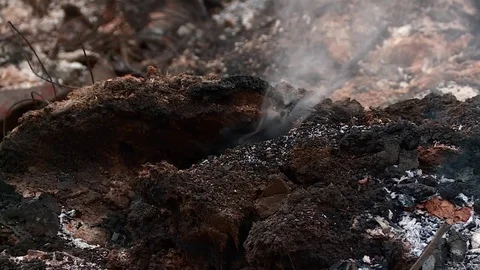 Aftermath fire. Emergence fire. Smoke. The ashes. Dry peat. Stock Footage 80044407