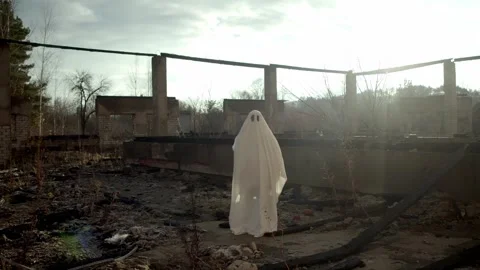 Aftermath of fire, with only ghost left wandering through remains of destroyed Stock Footage 320247194