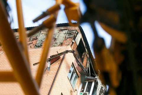 Aftermath of the fire on the top floor of the building. The stru Stock Photos