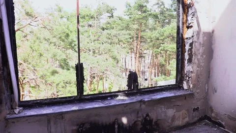 Aftermath of a forest fire. Burnt room with a window overlooking Stock Footage 263253403