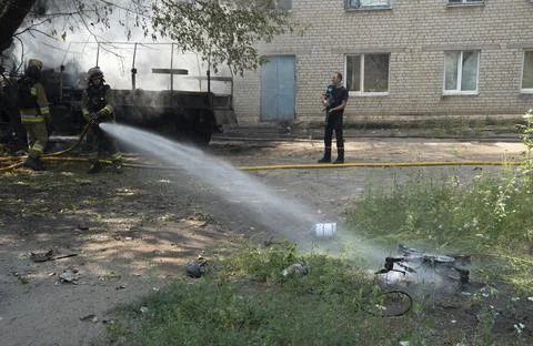 Aftermath of Russian FPV drone attack in the Donetsk area, Ukraine - 17 Aug 2026 Stock Photos