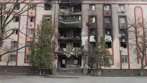 Aftermath war torn city bombed Ukraine genocide Russia shooting civilian. 2022 Stock Footage 183154902