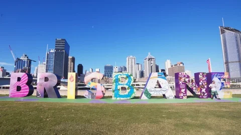 Afternoon front on wide angle shot of the huge brisbane letters Stock Footage 73403200