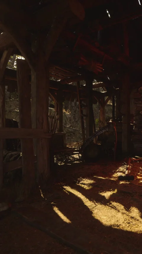 Afternoon light casts long shadows on a barn floor Stock Footage 339037085