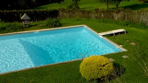 Afternoon Pool Backyard Day Summer Grass Teal Colors Stock Footage 112259463