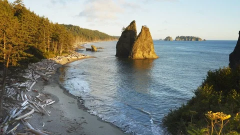 Afternoon view of split rock at rialto beach Stock Footage 100012207