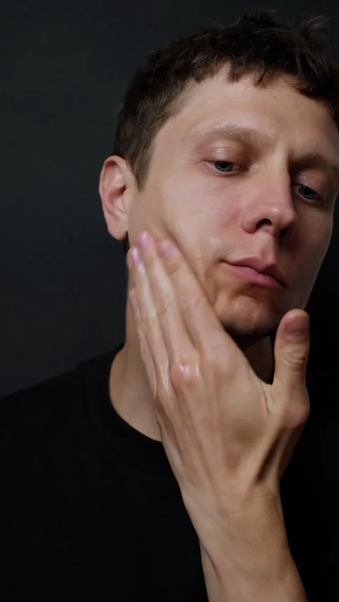 Aftershave Lotion Application Close Up. Man Grooming Skincare Routine Authentic Stock Footage 318065919