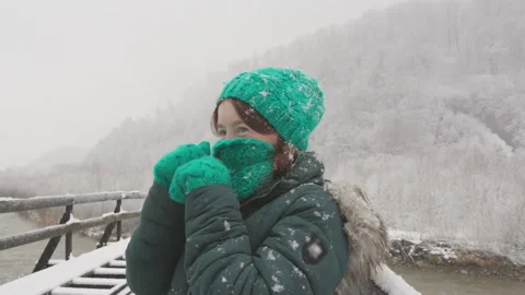 Against the backdrop of snow-covered trees, a joyful girl sets off in winter on Stock-Footage 246869321