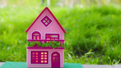 Against a backdrop of swaying green grass, a pink house Stock Footage 306526547