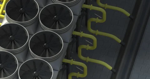 Against the backdrop of time lapse clouds, cooling systems are used for Stock Footage 163339331