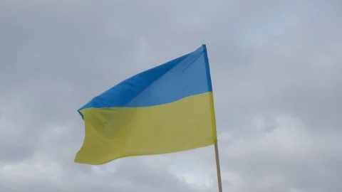 Against the background of the cloudy sky, the Ukrainian flag develops. Stock Footage 233022706