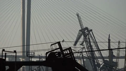 Against background of metal structures large port cranes and a huge bridge two Stock Footage 134889675