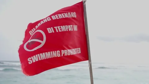 Against the background of the ocean's horizon, a red flag flutters in the wind. Stock Footage 244018414