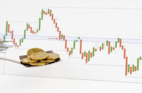 Against the background of the quotes chart, a spoon with coins Stock Photos