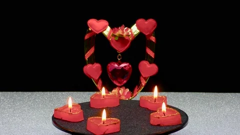 Against the background of a romantic composition of hearts, burning five candles Video stock 168788244