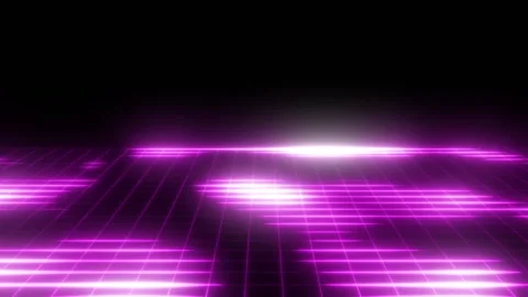 Against a black background, lighting moves across a floor lined with lilac neon Stockbeeldmateriaal 157526298