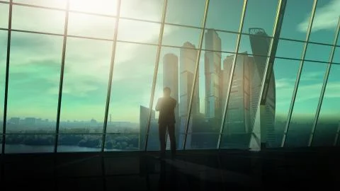 Against the large office window, a man stands and looks into the distance. Stock Illustration