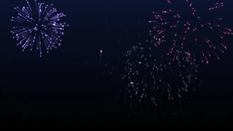 Against a navy blue gradient sky, animated fireworks explode in turquoise, Video stock 347911417