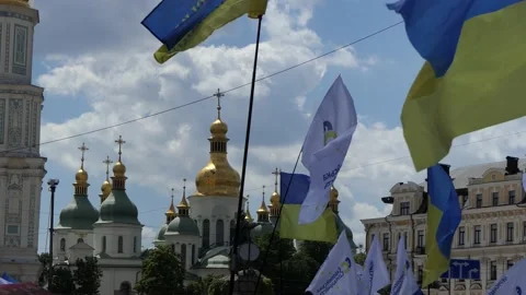 Against the sky - flags, national flags, banners, slogans, pennants, emblems. Stock Footage 134159564