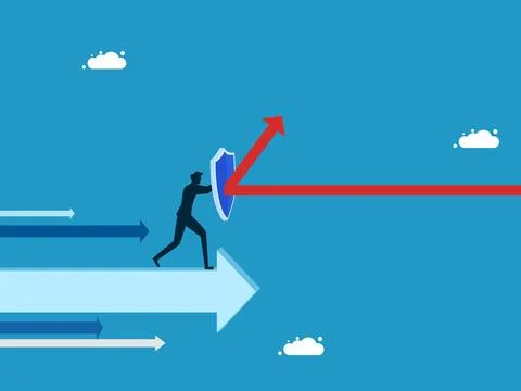Against the trend or different. man holding shield on arrow moving forward Illustrazione stock