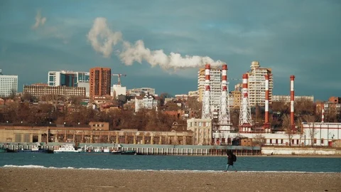 Against winter river city. Poor Environment City. Environmental Disaster. Stock Footage 120365046