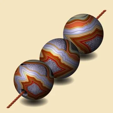 Agate. Three stone beads. Precious stone, gemstone, mineral. Section of druse Illustrazione stock