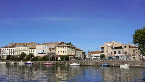 Agde Centre with old Buildings at the river Herault Stock Footage 144247715