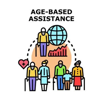 Age based assistance for aging population concept Stock Illustration