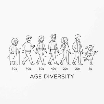 Age diversity people walking line illustration, different generations, life.. Stock Illustration