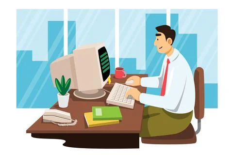 Age of Information. Office worker working on computers. Cartoon character i.. Stock Illustration