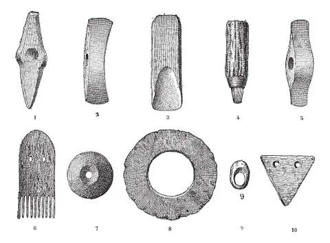 Age lake, various objects from lake stations, vintage engraving. Illustrazione stock