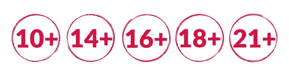 Age limit red stamp icon vector set. Year plus sign. Notification symbol Stock Illustration