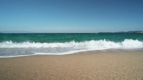 Agean Sea in Greece, Empty Beach and Sea. View of Waves on Beach Stock Footage 197435944