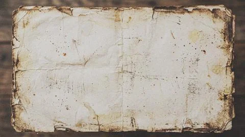 Aged and Torn Paper Texture with Frayed Edges on a Wooden Surface. Fotos Stock