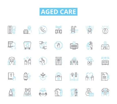 Aged care linear icons set. Elderly, Retirement, Nursing, Assistance, Health Stock Illustration