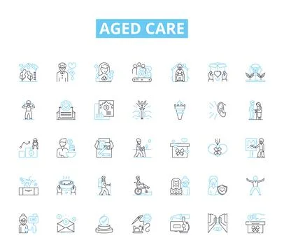 Aged care linear icons set. Elderly, Retirement, Nursing, Assistance, Health Stock Illustration