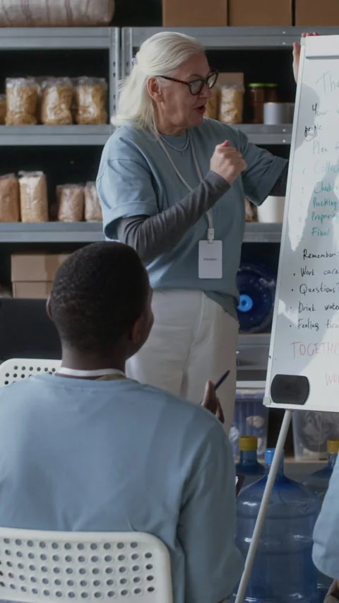 Aged Coordinator Discussing Plan of Work with Team of Volunteers, Vertical Stock Footage 310351945